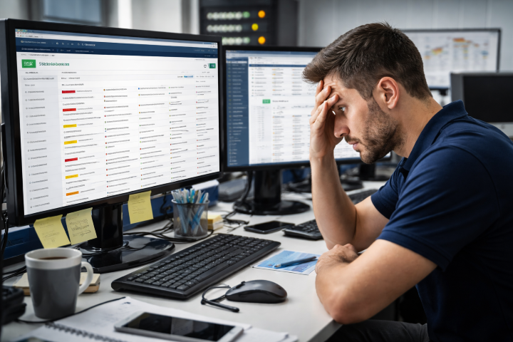 An IT engineer frustrated with the ticket queue on his screen